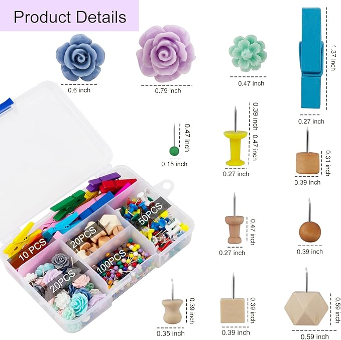 Push Pins,LYroo 200 Pcs Flower Thumb Tacks Wood Pin Board Map Tacks Marking - Image 7