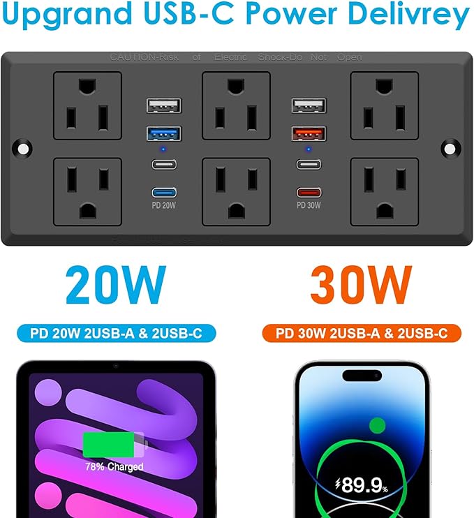30W Recessed Power Strip USB C, Desk Flush Mount Outlet Plug in 6 AC & 8 USB - Image 9