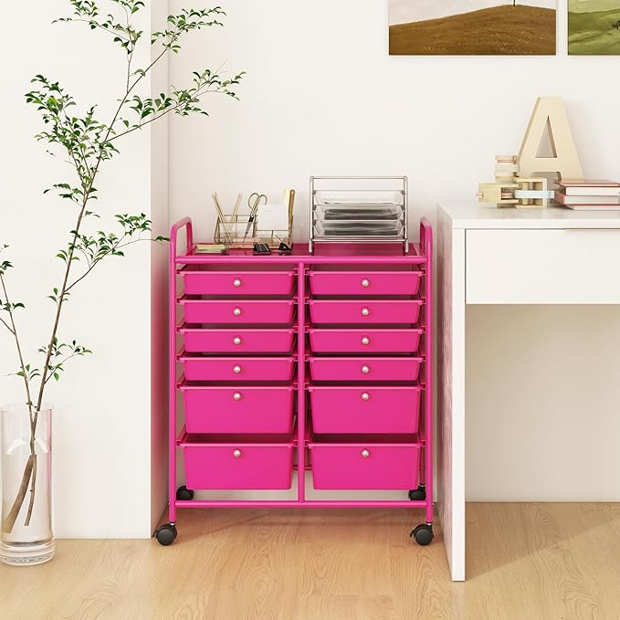 Happygrill 12-Drawer Rolling Storage Cart, 2 Sizes Plastic Drawers & Metal Shelf - Image 7