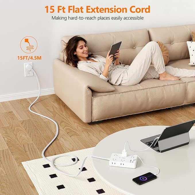 Surge Protector Power Strip 5 FT Flat Extension Cord ,10 AC Outlets & 4 USB - Image 7