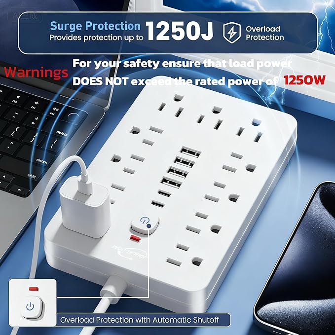 JouleLoom 15 FT Flat Plug Surge Protector Power Strip, 11 Multiple AC Outlets - Image 8