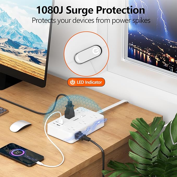 Surge Protector Power Strip 1 FT Flat Extension Cord ,10 AC Outlets & 4 USB - Image 7