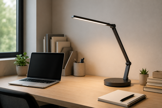 Modern home office workspace with an adjustable LED desk lamp, laptop, notebook, and organized office accessories.