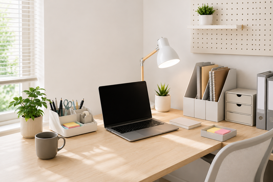 Clean and organized home office workspace with a laptop, desk lamp, stationery organizer, document storage, notebooks, and plants.