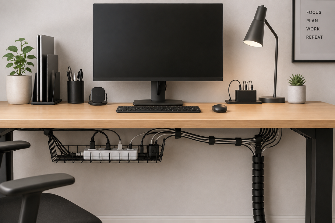 Organized home office desk with cable clips, cable tray, power strip, and neatly managed computer and charging cables