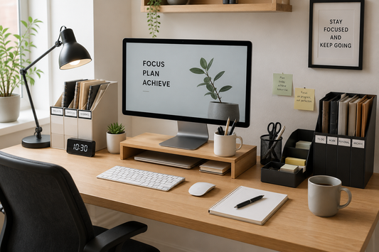 Professional office desk with organized office supplies, file holders, desk organizer, monitor stand, and a clean, clutter-free workspace.