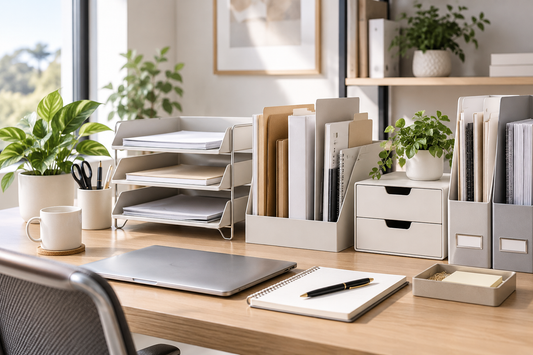 Modern organized home office desk with paper trays, file organizers, document storage, folders, and office supplies for a clutter-free and productive workspace.