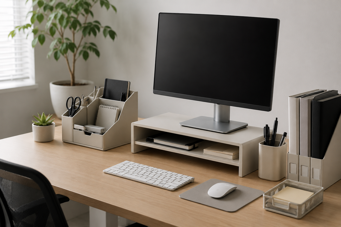 A clean and organized modern office desk featuring essential office accessories, a monitor stand, desk organizer, keyboard, and productivity workspace setup.