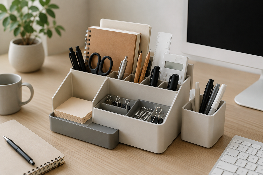 Desk organizer with pens, notebooks, scissors, and office supplies on a neatly organized home office desk