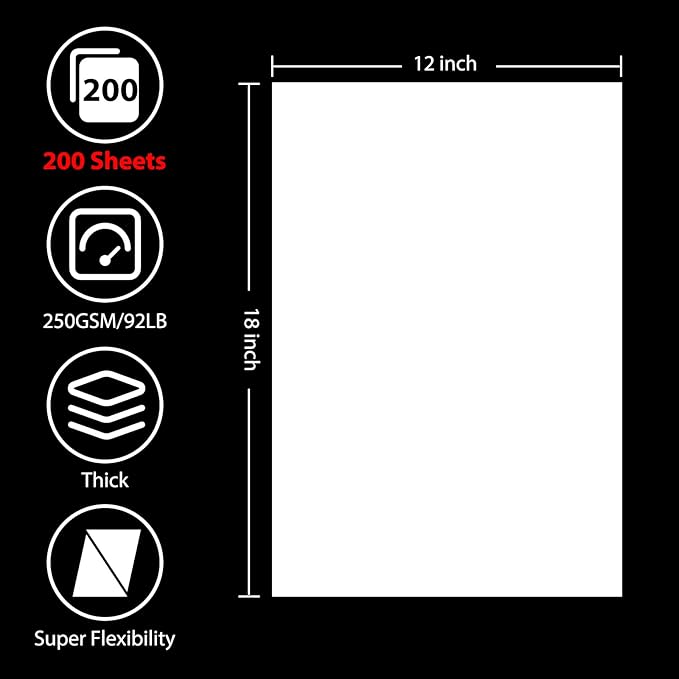 OcePor 200 Sheets White Cardstock 12” x 18”, 92lb/250gsm Black Card Stock - Image 2