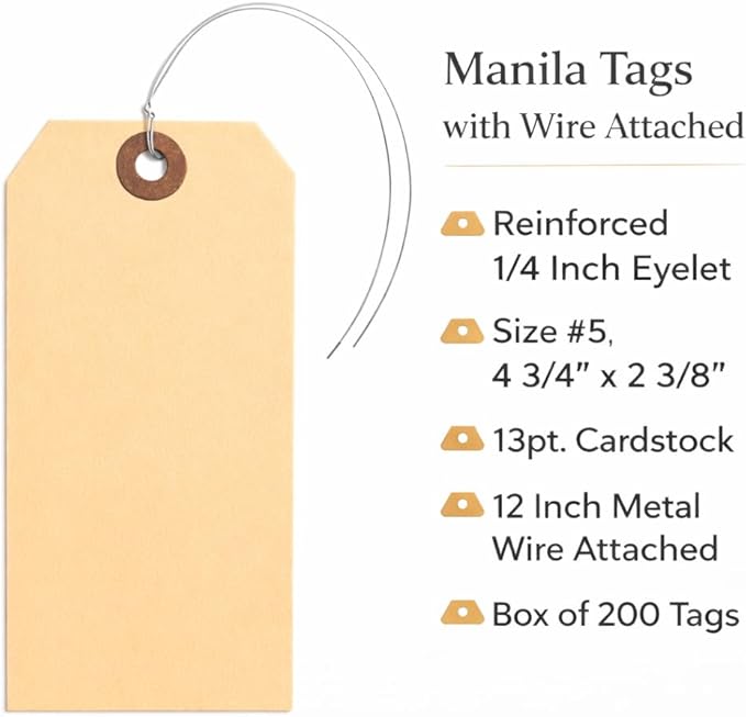 Durable Shipping Tags with Wire Ties – 200 Tags # 5, 4 3/4" x 2 3/8" – Manila - Image 2