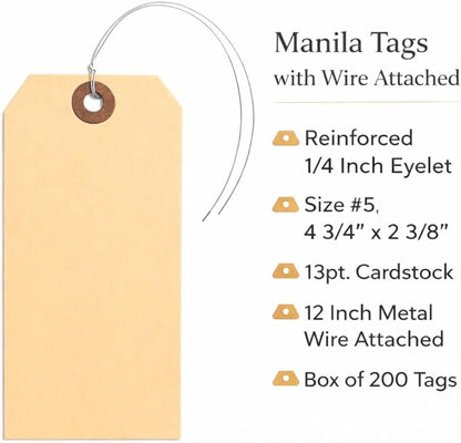 Durable Shipping Tags with Wire Ties – 200 Tags # 5, 4 3/4" x 2 3/8" – Manila - Image 2