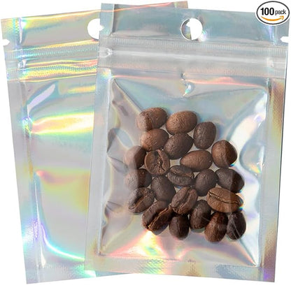 100Pcs Holographic Packaging Bags, 2.7x3.9 inch Resealable Foil Pouch Mylar by Motomy