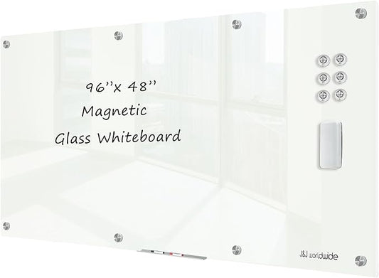 J&J worldwide Magnetic Glass Whiteboard 8' x 4', 96 x 48 Inches Large Frameless by JJworldwide