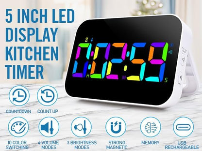 Kitchen Digital RGB Timer, Count Down Up, Rechargeable, Vibration Mode - Image 2