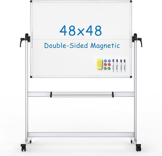 VIZ-PRO Double-Sided Mobile Whiteboard, 48 x 48 Inches, Magnetic Rolling Dry by VIZ-PRO