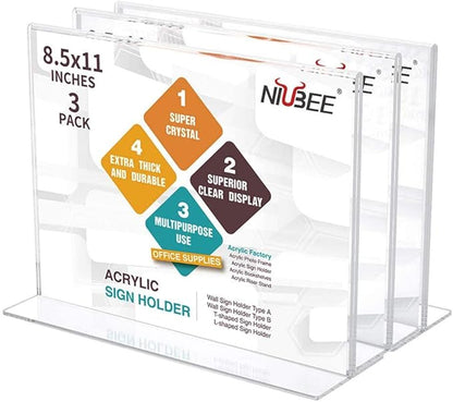 NIUBEE Acrylic Sign Holder 8.5x11 Inches 3 Pack Horizontal, T Shape Double by NIUBEE