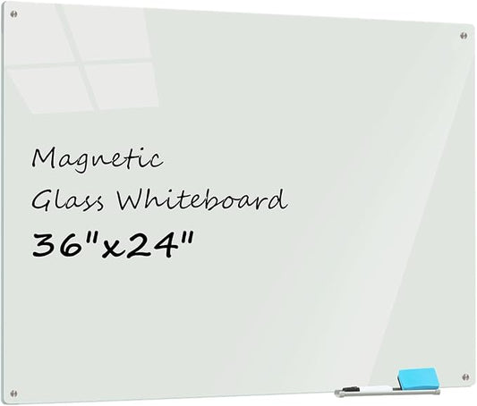 Magnetic Glass Dry Erase Whiteboard, 36 x 24 Inches Frameless Glass White Board by ATROSONIK