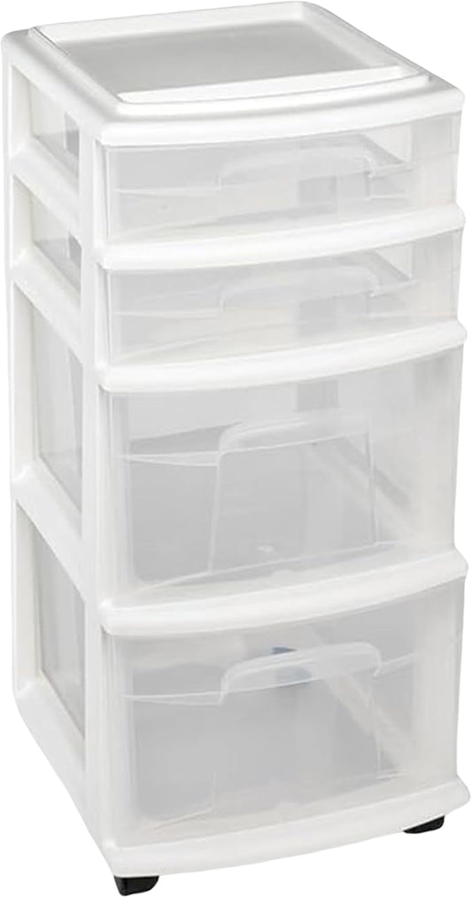HOMZ Drawer Tower, 4-Tier Clear Plastic Storage Organizer Cart, and Classroom by Homz