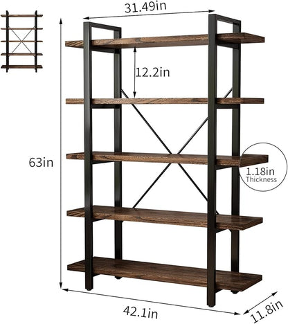 5-Tier Industrial Style Solid Wood Bookcase and Book Shelves, Rustic Wood and - Image 2