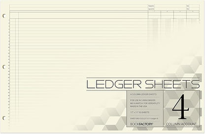 BookFactory Ledger Sheets/Large 4 Column Accounting Ledger Columnar Loose Leaf by BookFactory