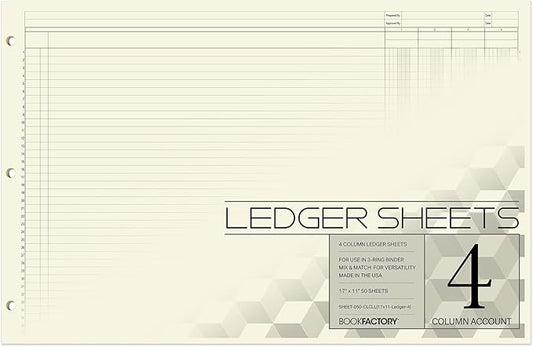 BookFactory Ledger Sheets/Large 4 Column Accounting Ledger Columnar Loose Leaf by BookFactory
