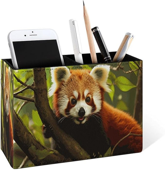 Famame Red Panda Pencil Holder for Desk, Leather Desktop Container Pen Cup by Famame