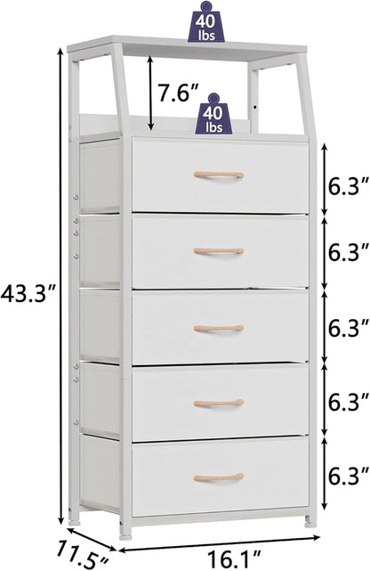 Furnulem White Dresser with 5 Drawers, Vertical Storage Tower Fabric Dresser - Image 3
