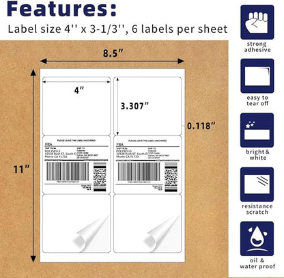 POLYSELLS Self Adhesive 3-1/3" x 4" Address Shipping Labels, 6UP White Sticker - Image 2