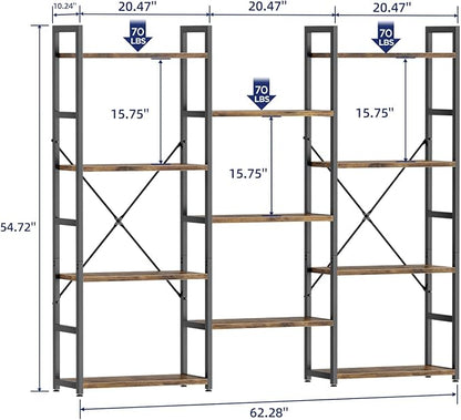 NUMENN Triple Wide 4 Tier Bookshelf, Adjustable Rustic Industrial Style - Image 3