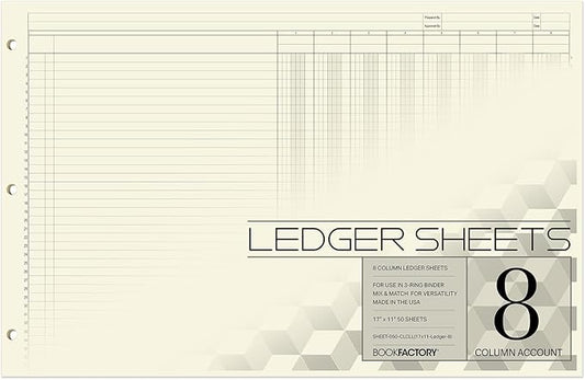 BookFactory Ledger Sheets/Large 8 Column Accounting Ledger Columnar Loose Leaf by BookFactory