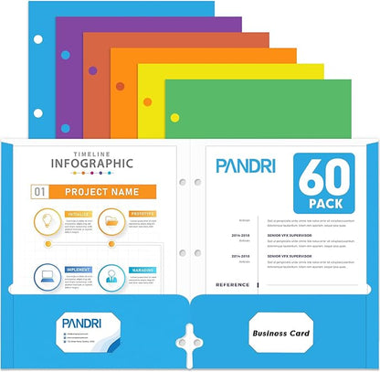 Two Pocket Portfolio Folders, PANDRI 60 Pack 3 Hole Punched 2 Pocket Folders by PANDRI
