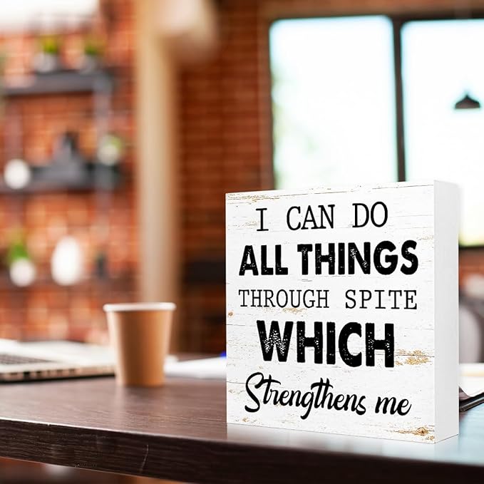 WUZYOU I Can Do All Things Through Desk Sign Wood Block Decor, Inspirational - Image 3