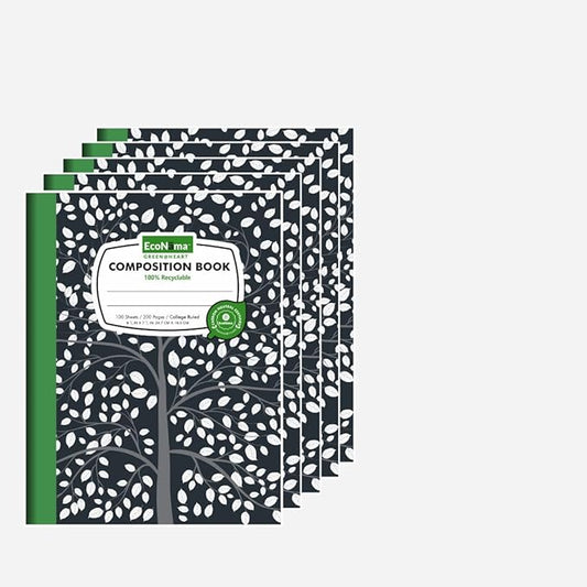 ECONAMA Composition Notebooks Pack of 5 Wide Ruled 200 Pages 9.75"x7.5" Black by Econama