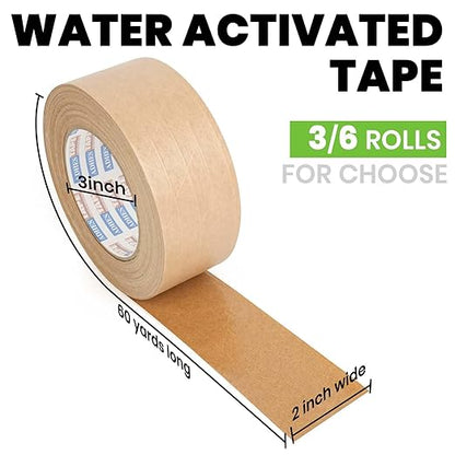 ADHES Water Activated Tape 2" x 55yds, 6 Rolls, Reinforced Kraft Gummed Paper - Image 2