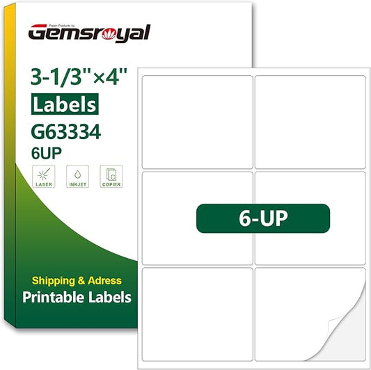 Gemsroyal 3-1/3”×4” Address Labels Printable, 3-1/3×4 Matte White Shipping by Gemsroyal