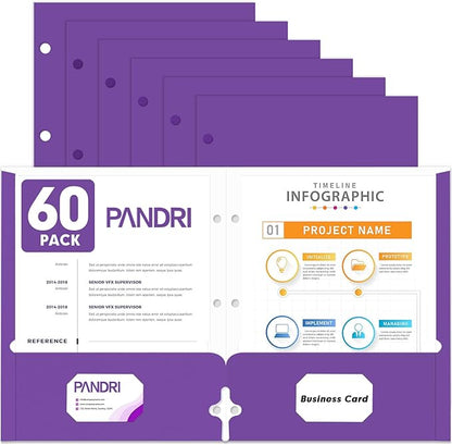 Two Pocket Portfolio Folders, PANDRI 60 Pack 3 Hole Punched 2 Pocket Folders by PANDRI