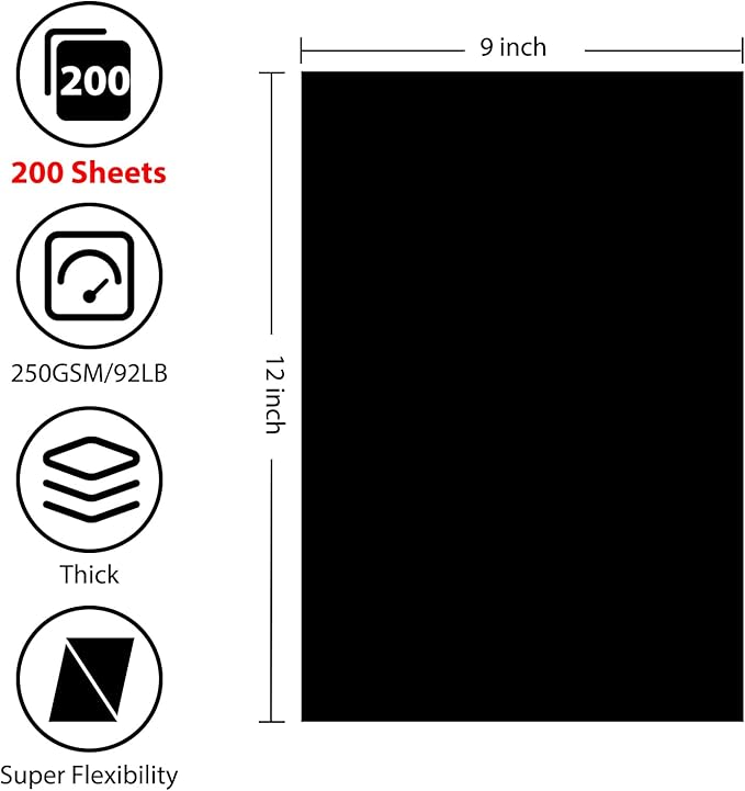 OcePor 200 Sheets Black Cardstock 9” x 12”, 92lb/250gsm Black Card Stock - Image 2
