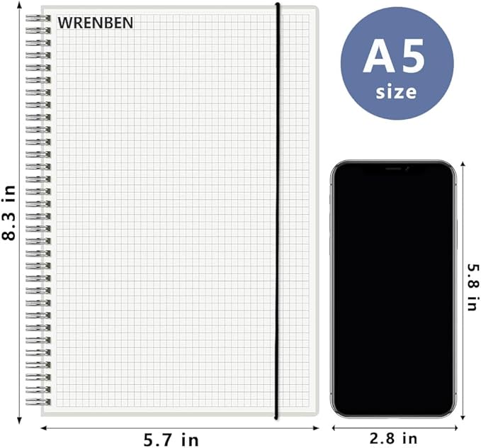WRENBEN 120gsm Graph Paper Composition Notebook A5 Spiral Notebook 160 Pages - Image 2