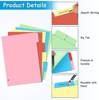 Binder Dividers for 3 Ring Binder, 1/5 Cut Tabs, Letter Size, Blank Write On - Image 3