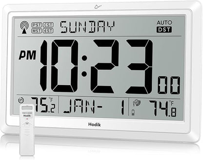 Wall Clock Atomic with Indoor Outdoor Temperature Battery Powered, Easy Reading by Hodik