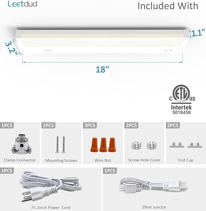 Leetdud LED Under Cabinet Lighting Hardwired or Plug in, 18 Inch 9W, Dimmable 5 - Image 9