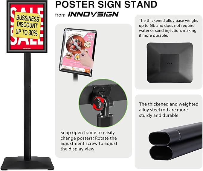 INNOVSIGN Heavy Duty Adjustable Pedestal Poster Sign Stand, 11x17 Aluminum Open - Image 2