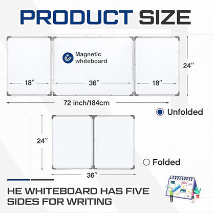 72" x 24" Foldable Whiteboard Dry Erase Board Large Tri Folding Whiteboard - Image 2
