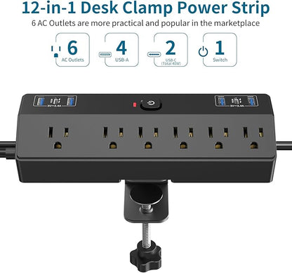 Desk Clamp Power Strip 2 USB C Desktop Mount Outlet Charging Station, 10FT - Image 2