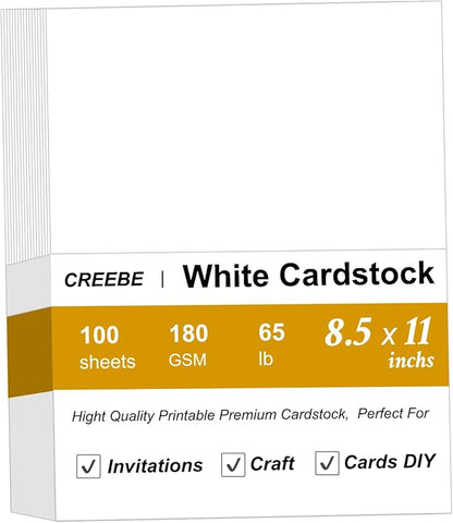 100 Sheets White Cardstock 8.5 x 11, Creebe 65lb White Card Stock Printer Paper by Unknown