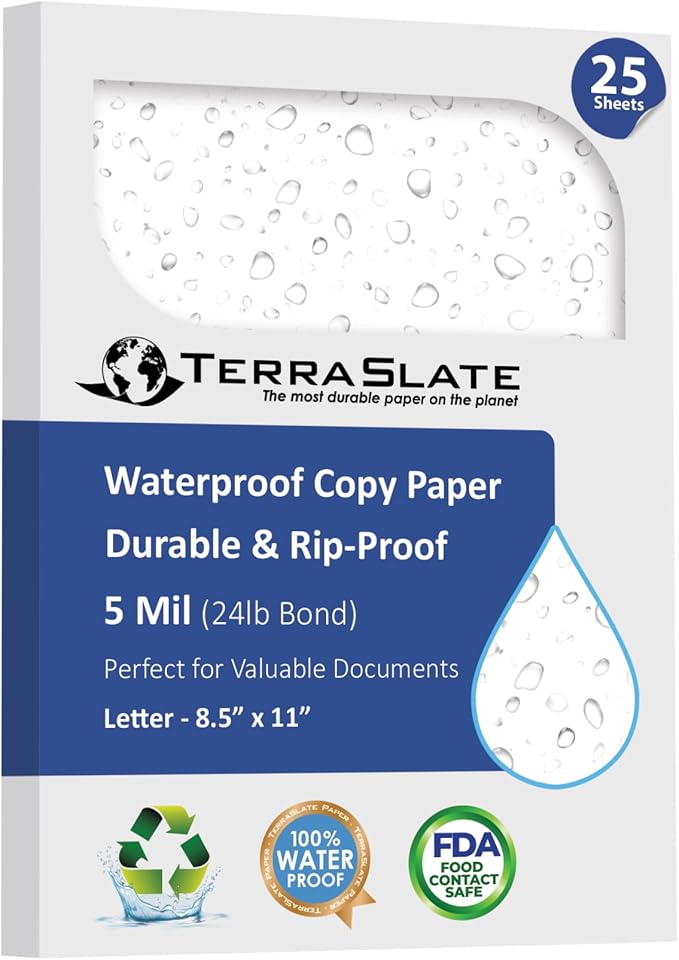 TerraSlate Premium Waterproof Paper, 5 MIL 8.5” x 11”, Laser Printer & Copy by TerraSlate