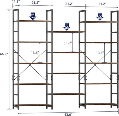 NUMENN Triple Wide 5 Tier Bookshelf, Rustic Industrial Style Bookcases - Image 3
