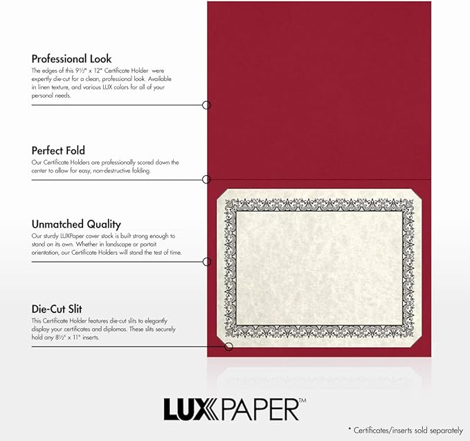 LUXPaper 9.5" x 12" Certificate Holders | Burgundy Linen | 100lb. Cover | 100 - Image 2
