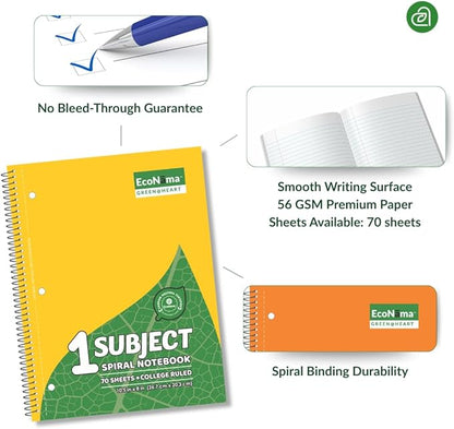 ECONAMA Subject Book Spiral Notebook Pack of 6 Wide Ruled 140 Pages 8" × 10.5" - Image 2
